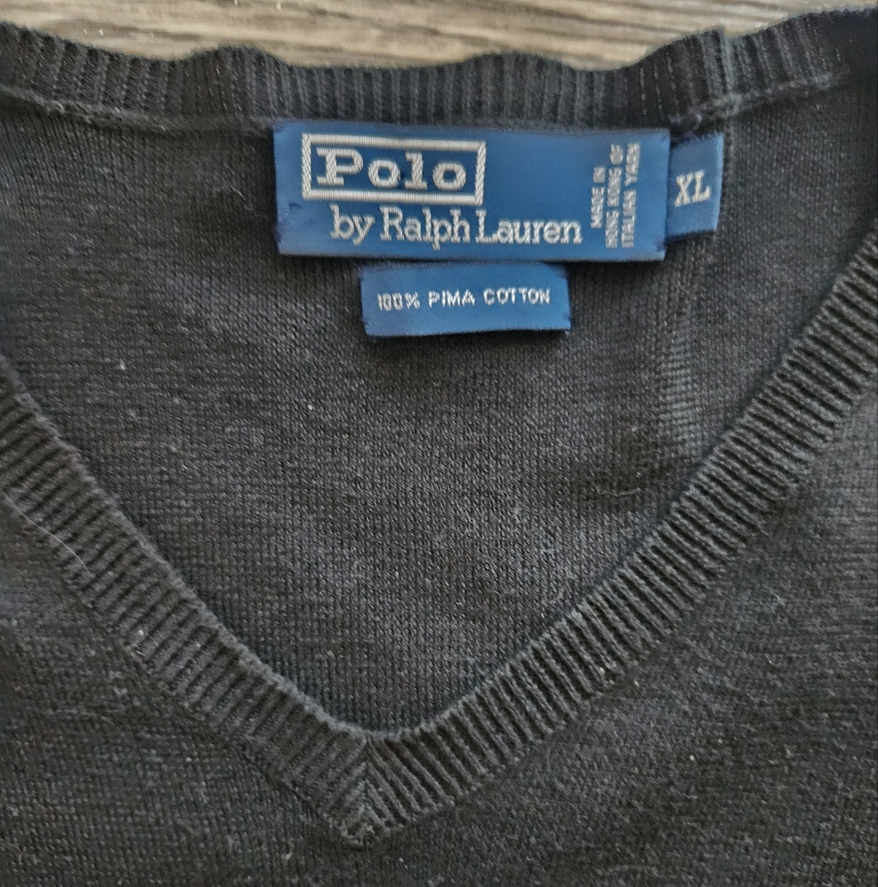 Polo Ralph Lauren Pima Cotton Sweater Men’s XL Solid Black Pony Logo V Neck - Picture 2 of 6